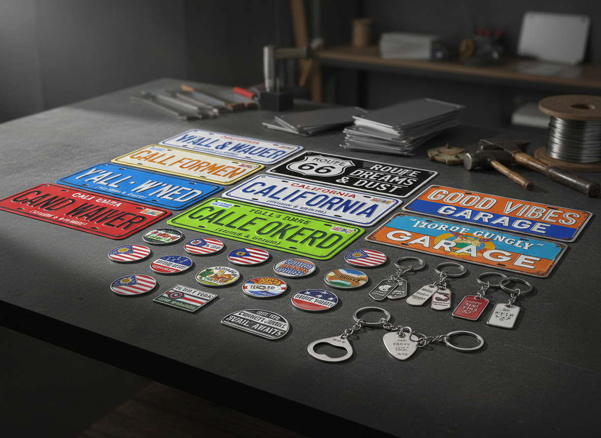 A bold assortment of novelty license plates, metal signs, magnets, and key chains spread across a dark matte workbench, each design featuring vivid colors, state names, and quirky slogans in large, legible fonts. Textured brushed aluminum plates and glossy enamel signs catch the eye, while small magnets and key chains cluster near the front. Shot in photographic realism at a slightly elevated angle, with strong directional studio lighting from the left creating crisp highlights and defined shadows. The background falls into a subtle bokeh of stacked blank metal blanks and tools, emphasizing the made-to-order craftsmanship. The mood is energetic and commercial, with a clean, modern composition that places the products centered and sharply in focus, communicating variety and customization at a glance.